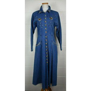 Vintage 1980s Junior‎ Jean Los Angeles Gold Studded Denim Jean Button Up Dress L